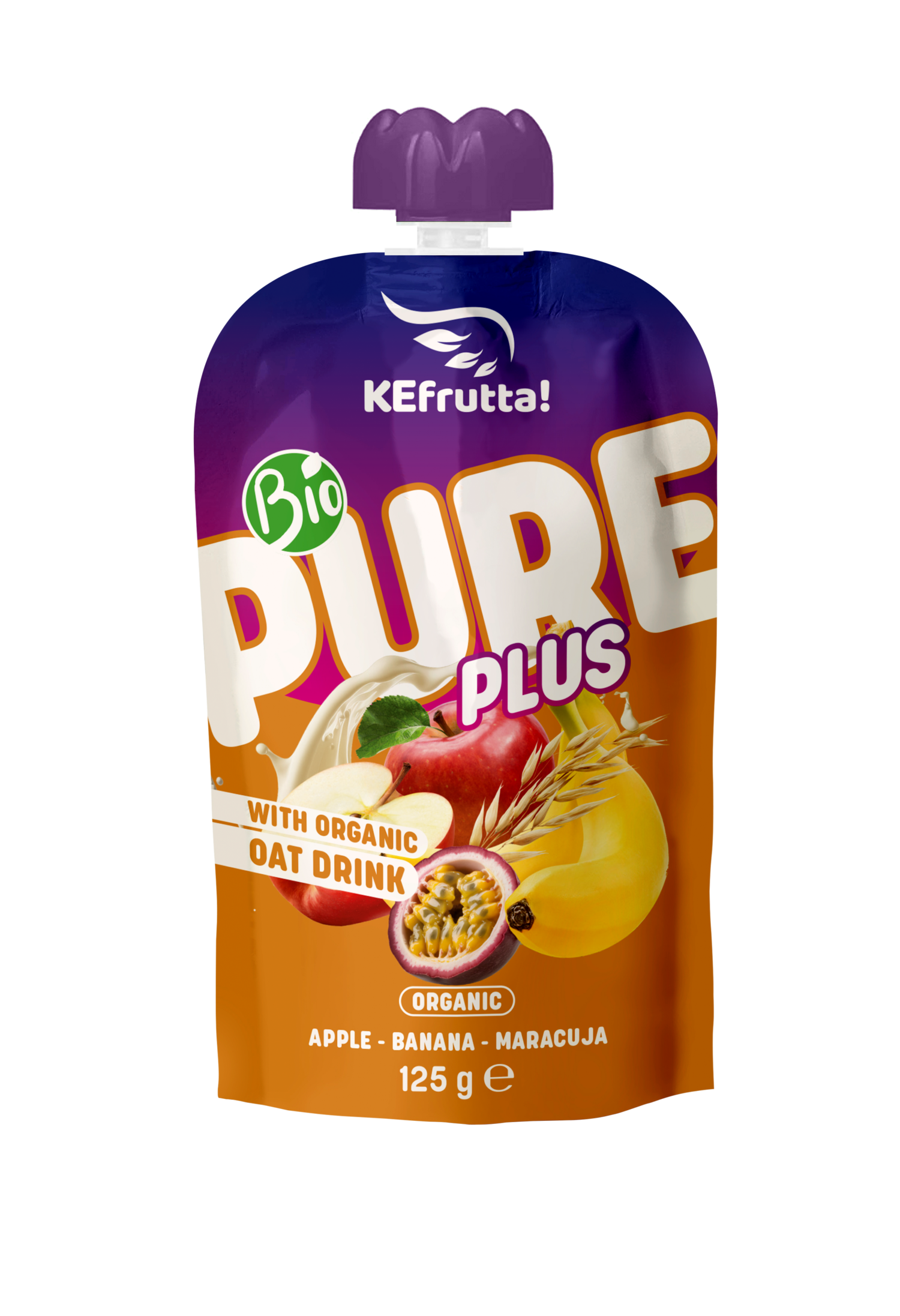 Ein Quetschbeutel der Marke KEfrutta mit der Sorte 'Bio Pure Plus' aus Apfel, Banane, Maracuja und Bio-Haferdrink.