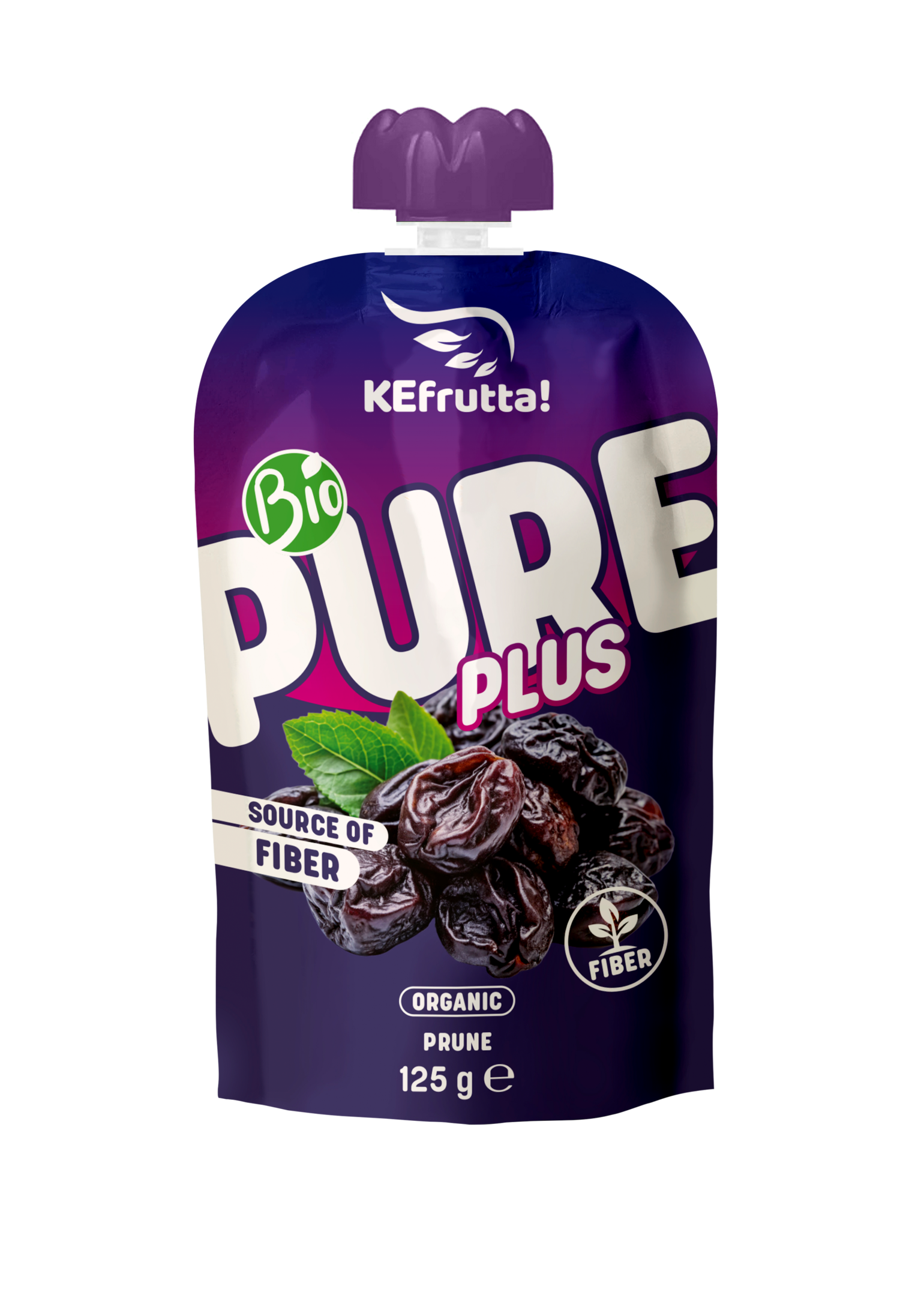 Ein lila Quetschbeutel der Marke KEFrutta! mit der Aufschrift Bio PURE PLUS und einer Abbildung von getrockneten Pflaumen auf der Vorderseite.