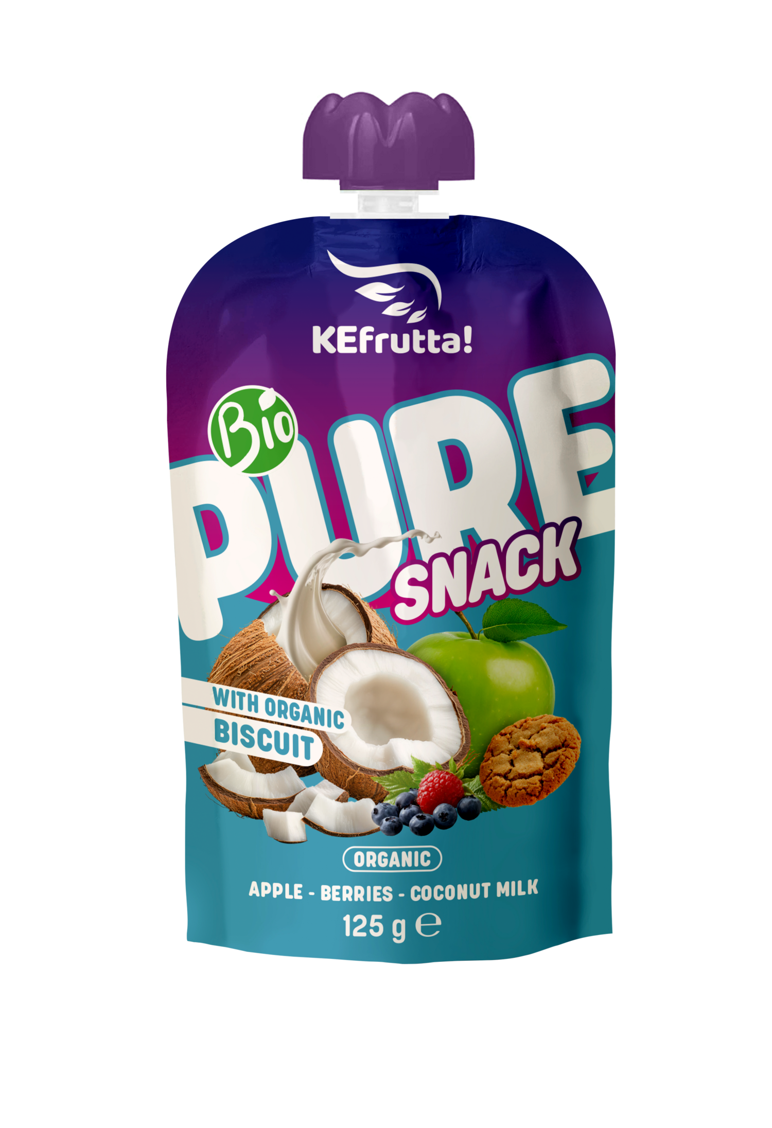 Ein Quetschbeutel der Marke KEfrutta mit der Geschmacksrichtung Bio Pure Snack, verziert mit Abbildungen von Kokosnuss, Apfel, Beeren und Keksen.