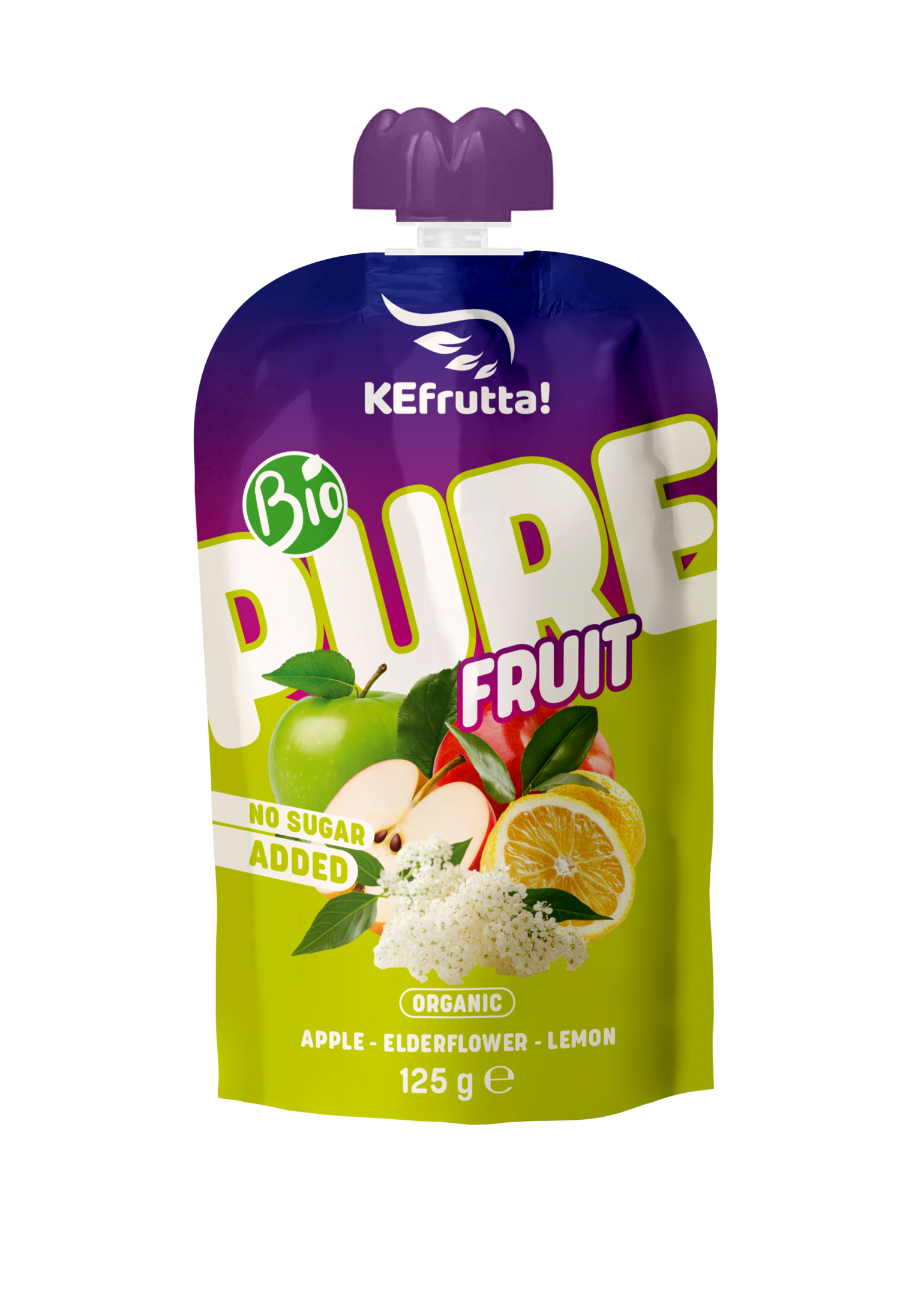 Ein Quetschbeutel der Marke KEfrutta mit der Geschmacksrichtung Apfel, Holunderblüte und Zitrone auf schwarzem Hintergrund.