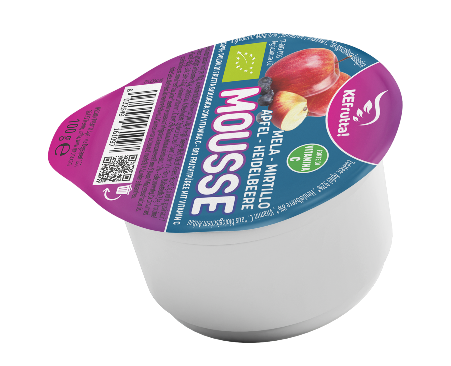 Ein Becher Apfel-Heidelbeer-Mousse der Marke Kefrutta mit Etikett und Inhaltsangaben auf blauem und violettem Hintergrund.