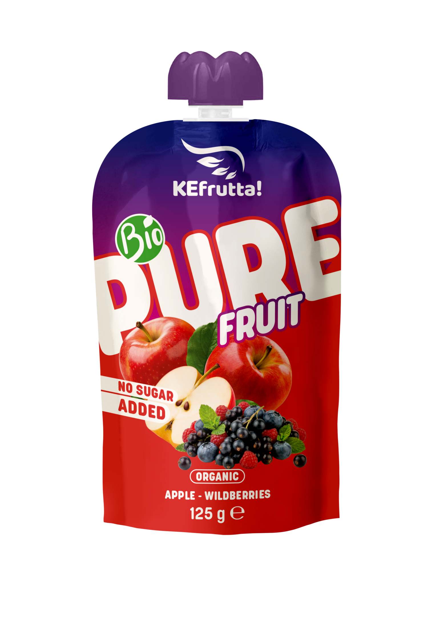 Ein Produktfoto eines Bio-Fruchtpüree-Quetschbeutels der Marke KEfrutta! mit Abbildungen von Äpfeln und Waldbeeren vor einem rot-blauen Hintergrund.