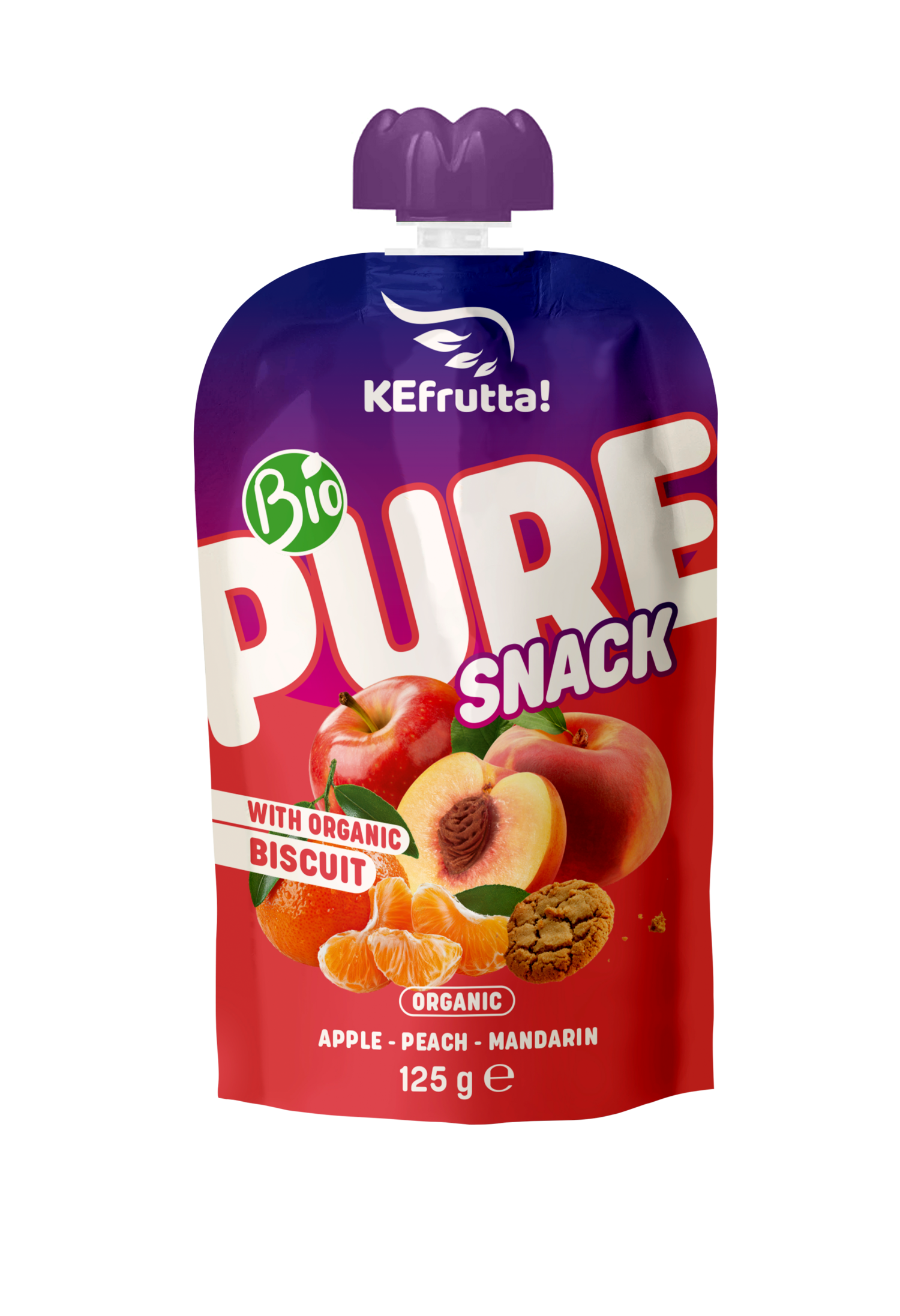 Ein Quetschbeutel der Marke KEfrutta mit der Sorte Apfel, Pfirsich, Mandarine und Keks.